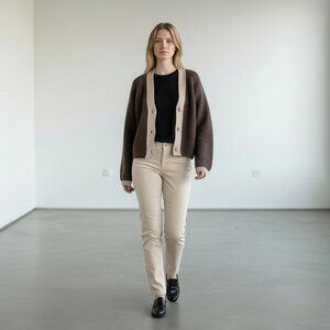 Soft Brown Cardigan with Cream Trim – New Without Tags